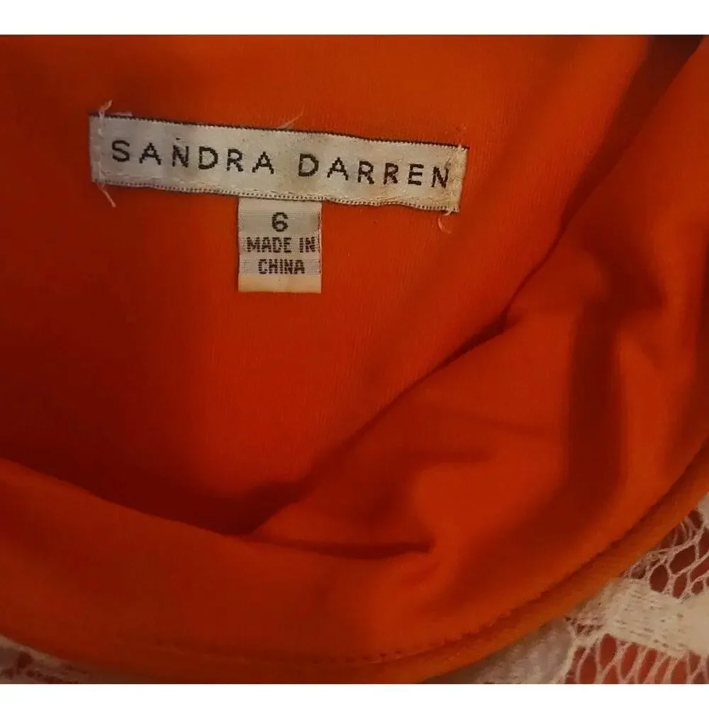 Sandra Darren Womens Size 6 Orange Cream Lace Fit Flare Dress Belted Sleeveless